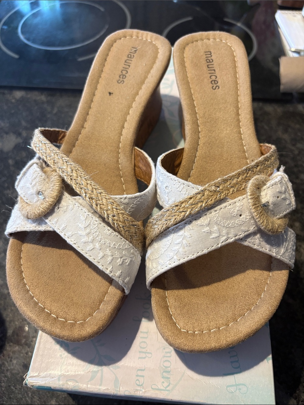 Maurices Cream Braided Strap Wedge Slide Sandals